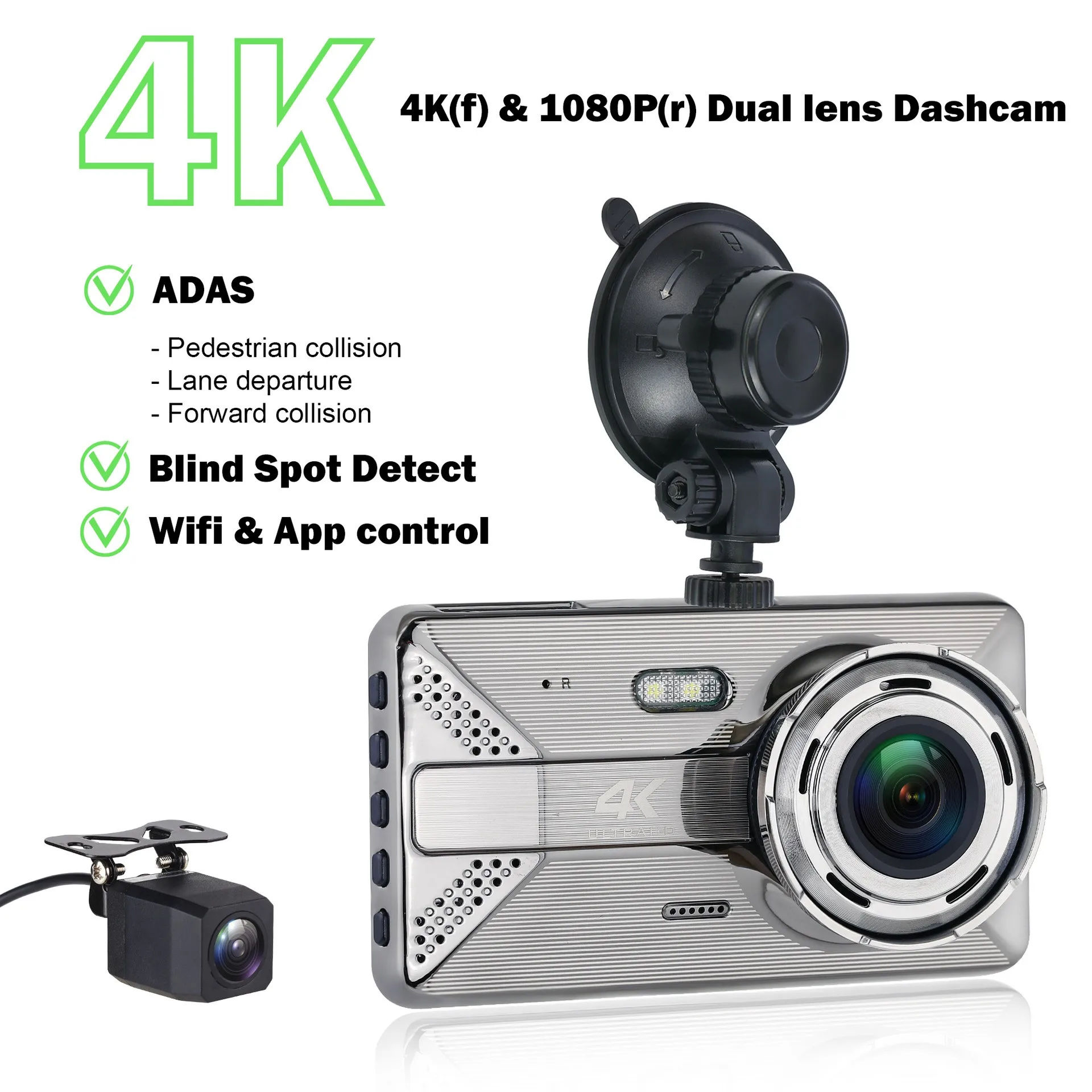 Dash Cam 4K Car Digital Camera 4.0-Inch Waterproof WiFi Dash Recorder Rear View Black Box for Driving Evidence Black
