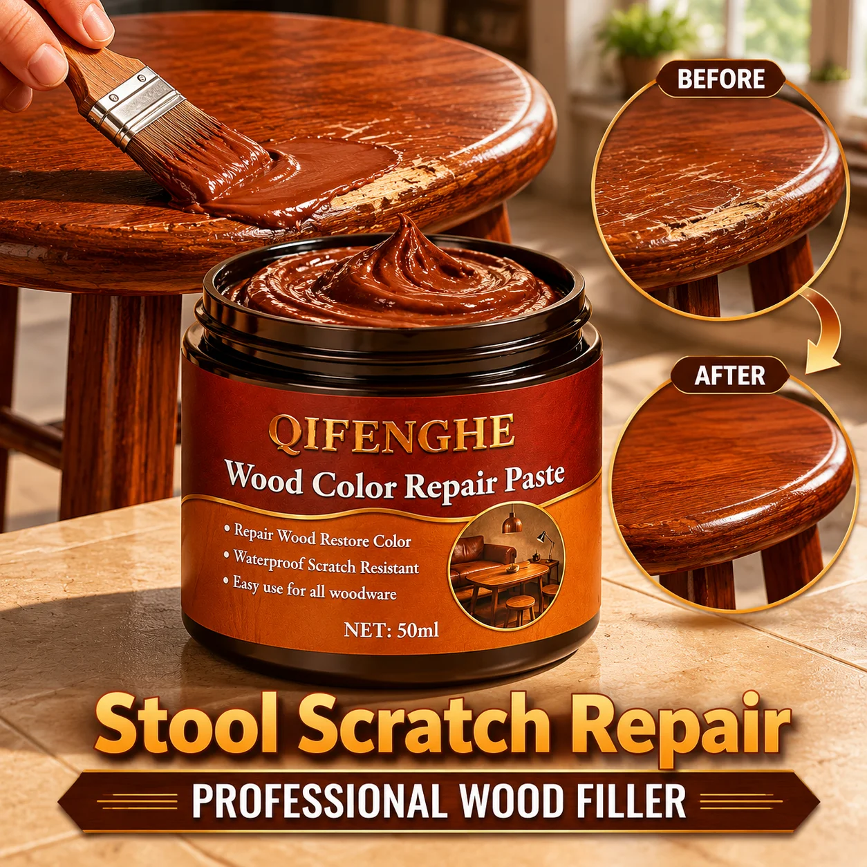 Wood Repair Paste 50ml, Furniture Scratch & Color Restorer, Waterproof, Easy to Use for All Wood Surfaces