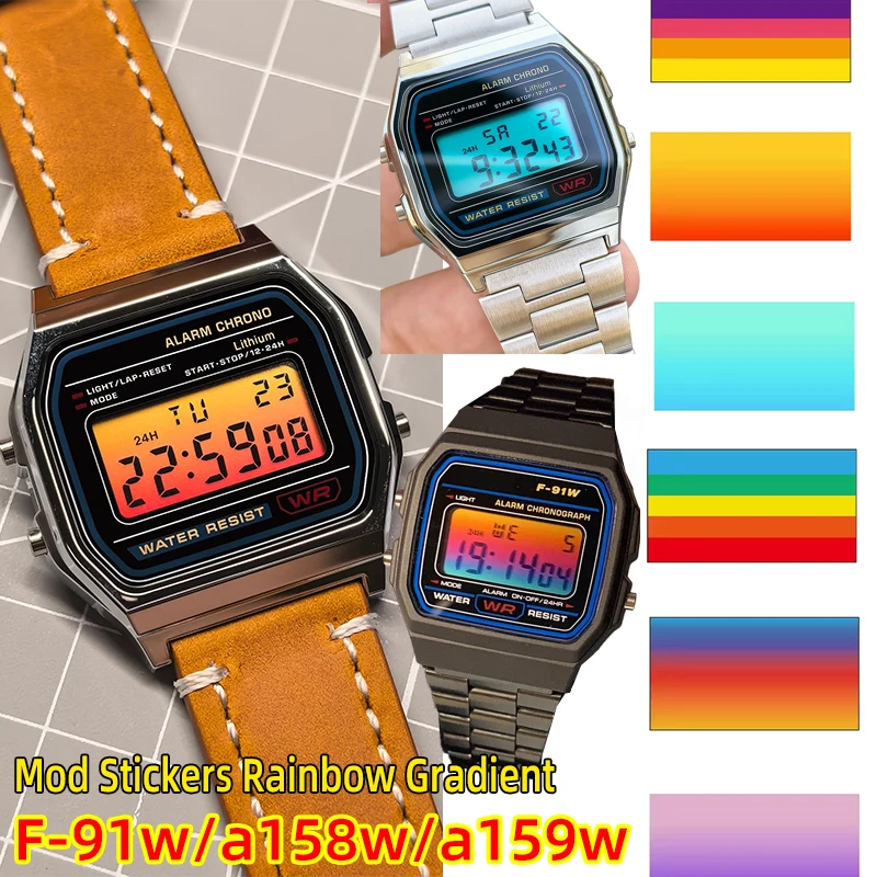 For Casio Small Square F-91w/a158w/a159w Mod Colorful Stickers Rainbow Gradie DIY Film Watch Upgrade Screen Coating Accessories