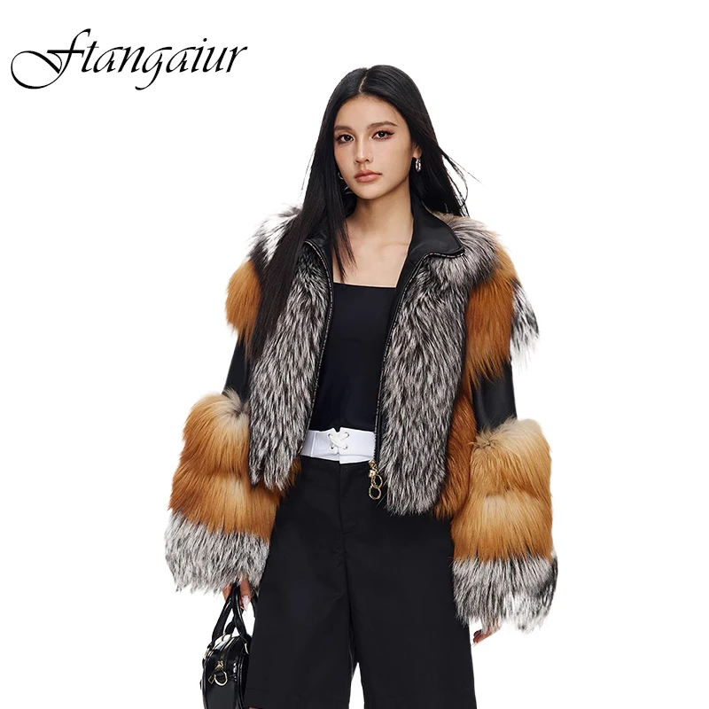Ftangaiur Women Winter Import Fox Fur Coat Long Sleeve Female Colorful Fox Coats Turn-Down Collar Short Natural Fox Fur Coats
