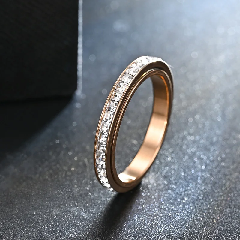 Luxury Rose Gold Color Square Zircon Stainless Steel Rotatable Ring For Women Romantic Engageme Wedding Party Jewelry Female