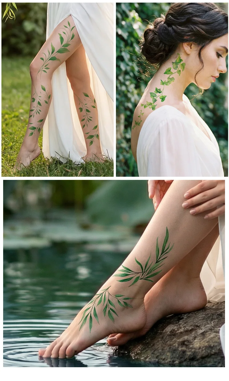 New Simulation Green Leaf Branch Vine Tattoo Stickers Long Lasting Waterproof Full Arm Tattoo Stickers For Men And Women