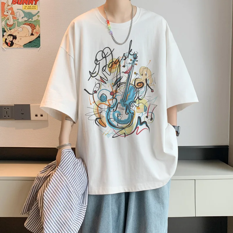 

Men's Cotton T-shirts White 5XL Mens Oversized T Shirt Summer Casual Wear Artistic Illustration Print Tee Shirts for Men Clothes