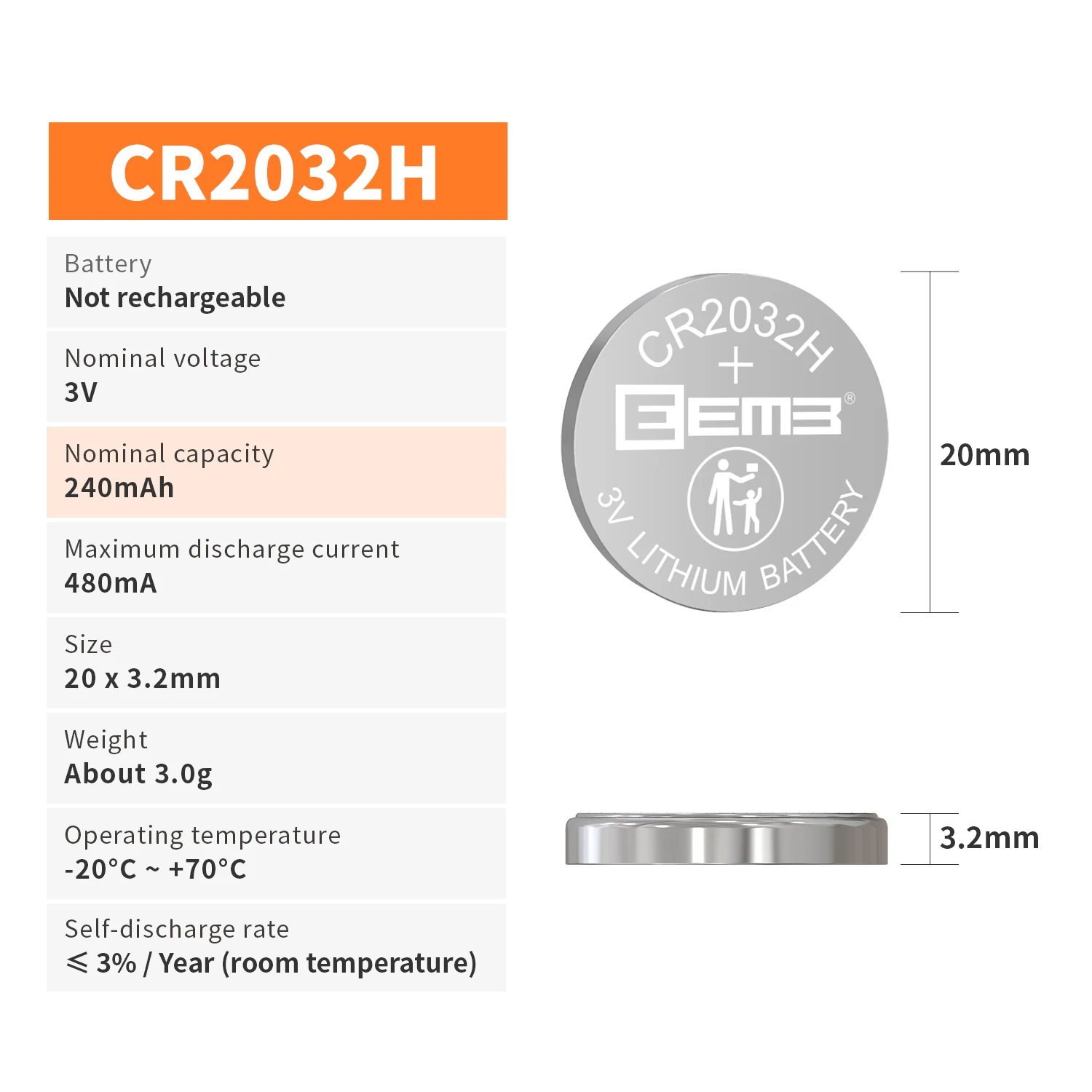 CR2032H high capacity 240mah 10~100PCS Button Battery 3V Non-Rechargeable Coin Cell  EEMB Lithium Battery for Car Keys