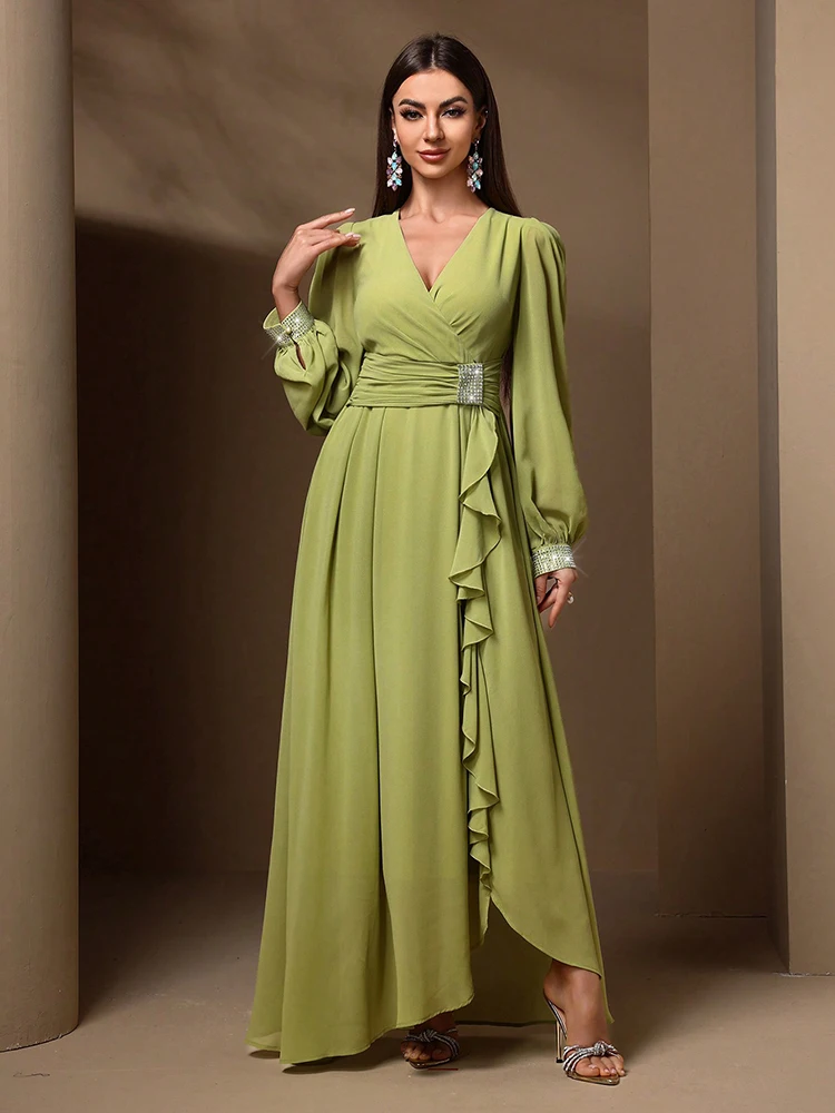 TOLEEN 2024 New Women\'s Spring/Summer Long Sleeve Draped Ruffle Luxury Elegant Formal Maxi Dress With Rhinestone Embellishment