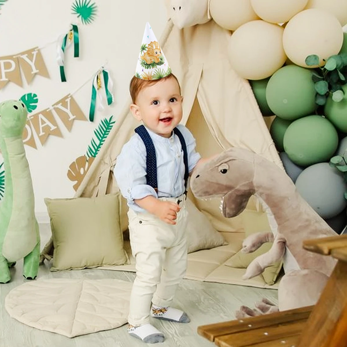 Sombrero de papel con temática de dinosaurio de la selva para niños, decoraciones de fiesta de cumpleaños para niños, gorras de fiesta de animales de dibujos animados, suministros de cumpleaños