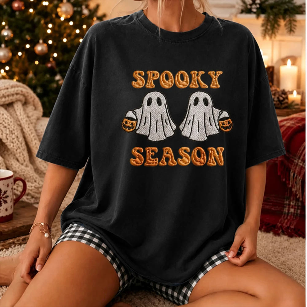 Halloween Spooky Season Graphic T‑Shirt Cute Ghost Trick or Treat Pumpkin Bucket Retro Embossed Style Spooky Print Casual Tops