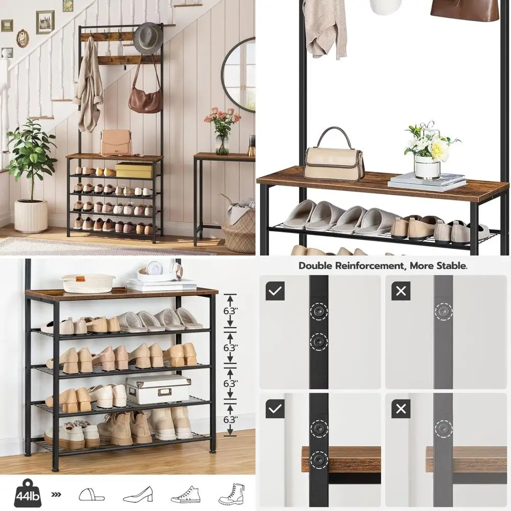 

5-Tier Shoe Organizer with Bench, 9 Hooks, Rustic Brown & Black, Sturdy Industrial Entryway Storage