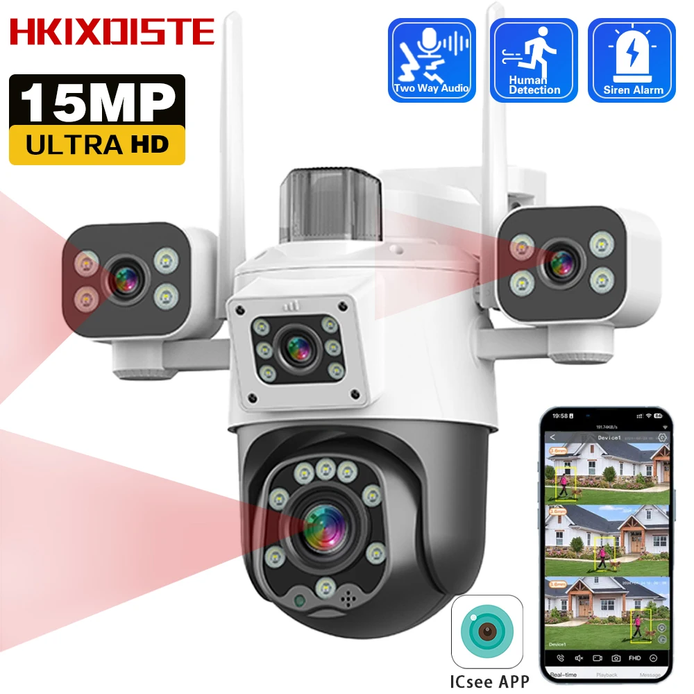 

15MP 3 Lens 3 Screens Ultra HD Two Way AudioWifi Surveillance Smart Wireless Outdoor CCTV 360° PTZ Security Camera iCSee