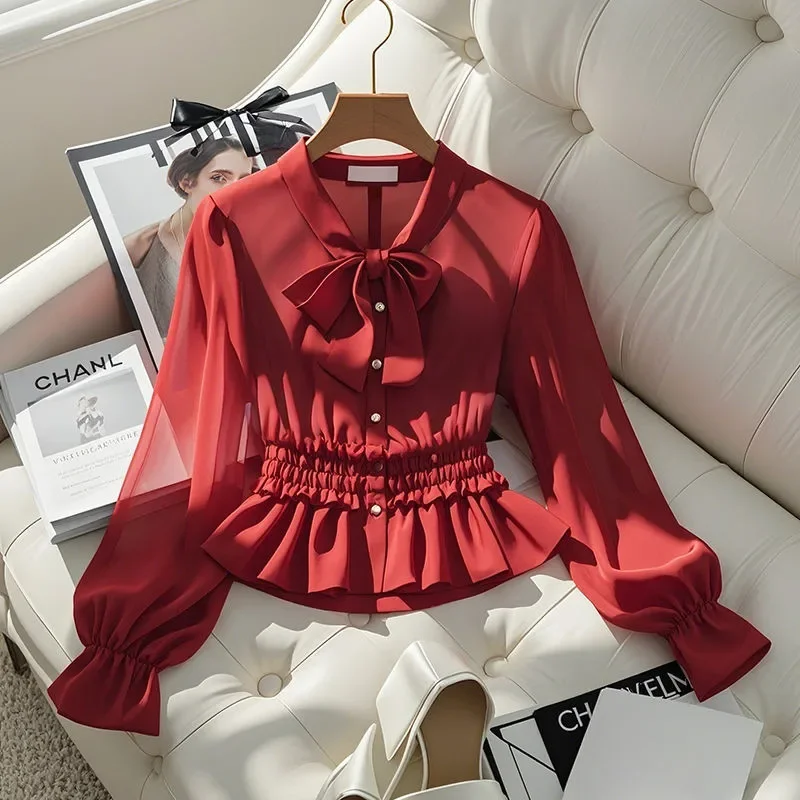 

Red Bow Blouse Stylish Long Sleeve Chiffon Shirt Women Design Sense Slim Elastic Waist Pleated Tops Office Lady 409P XQ218