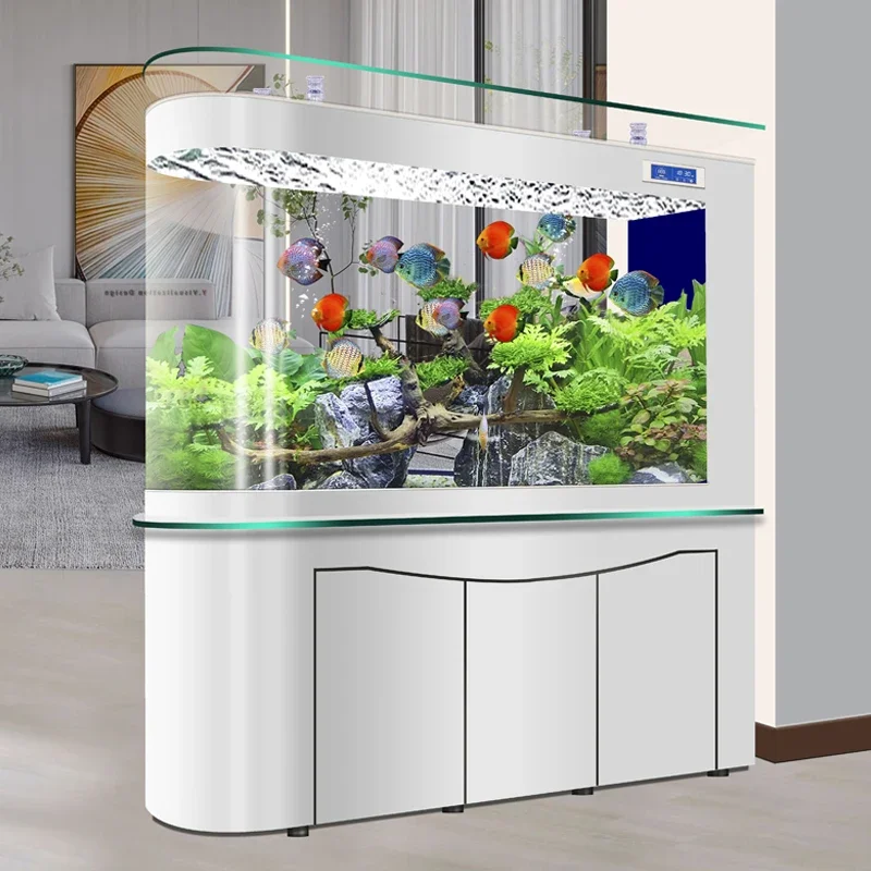 Bullet-shaped medium to large domestic aquariums with bottom filtration and aerodynamic ecology