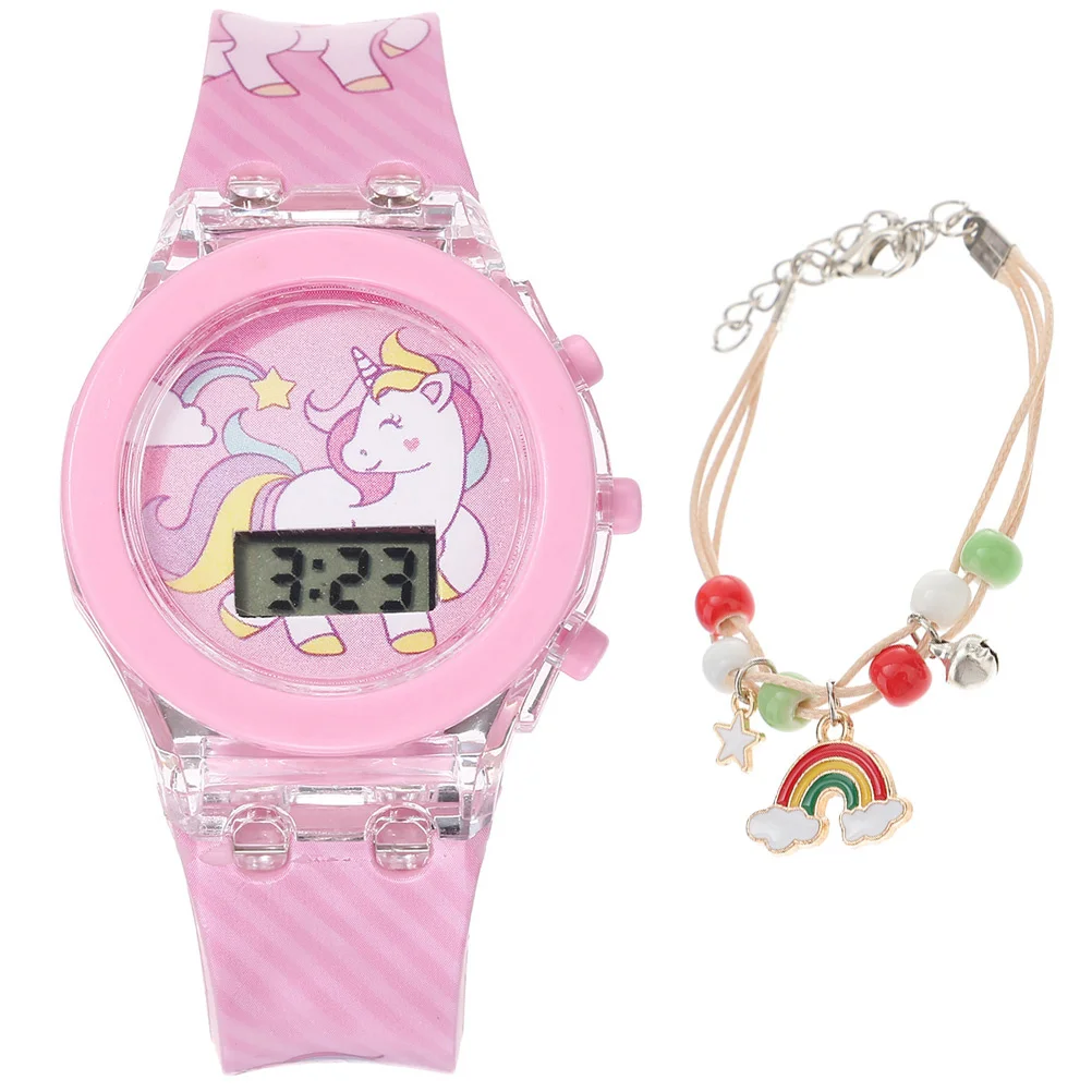 1Set Watch Adjustable Silicone Electric Wristwatch Cartoon Unicorn Pattern Glowing Watch Comfortable