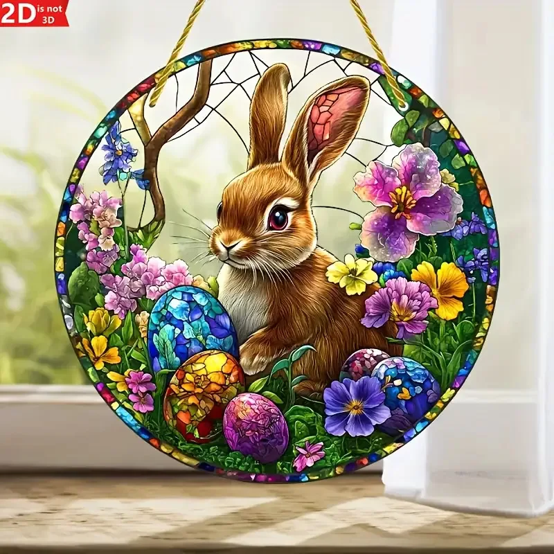 2 Stücke Ostern Kaninchen Gekleidet Acryl Suncatcher Fenster Blumen Hause Wandbehang Wohnzimmer Ornament Handbemalte Panel Tür