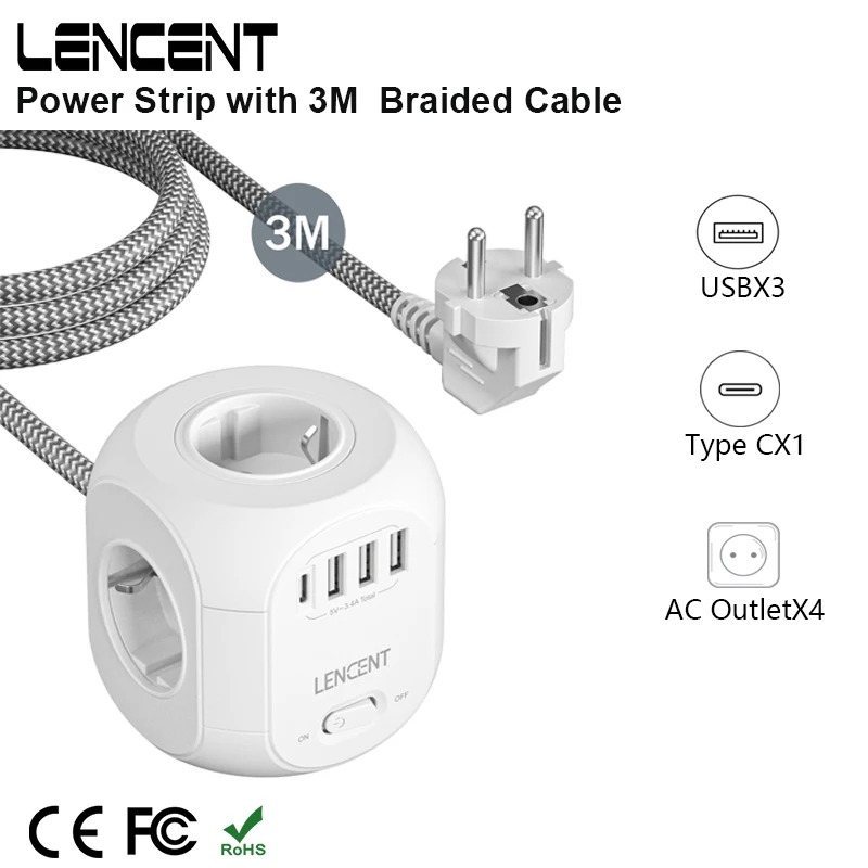 LENCENT Power Strip with  4 AC Outlets 3 USB Port 1 Type C 3M Braided Cable Multi Socket Extender with Switch for Home Office