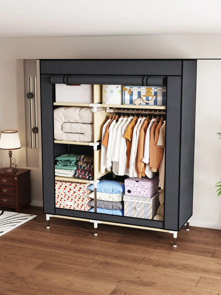 Armoire de chambre à coucher renforcée améliorée, assemblage facile avec 6 étagères et 1 cadre en acier à tige suspendue, placards portables