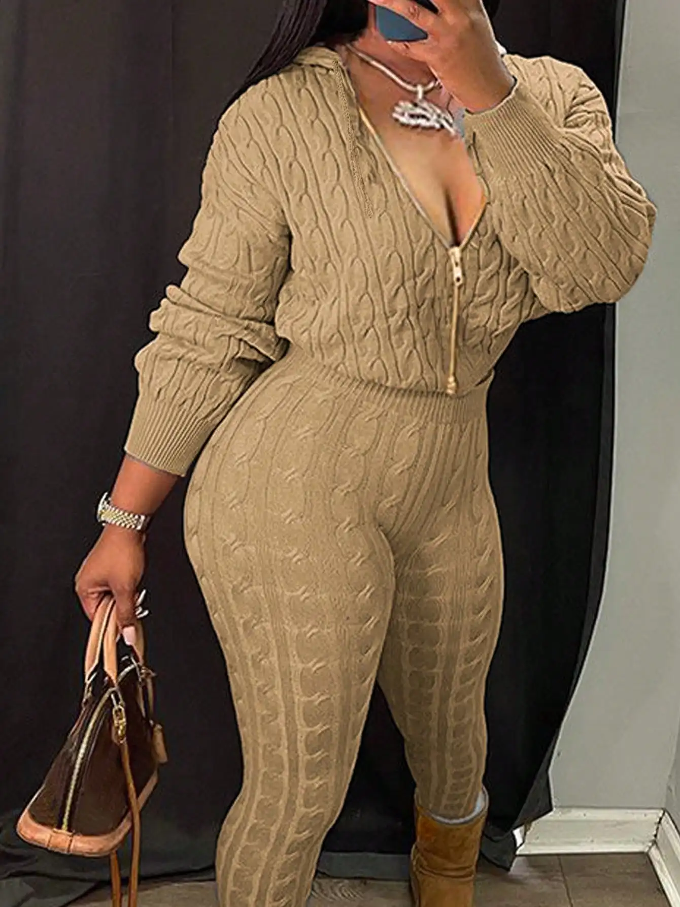 

Plus Size Knit Jumpsuit with Zipper Front and Hoodie, Casual Autumn Winter Outfit