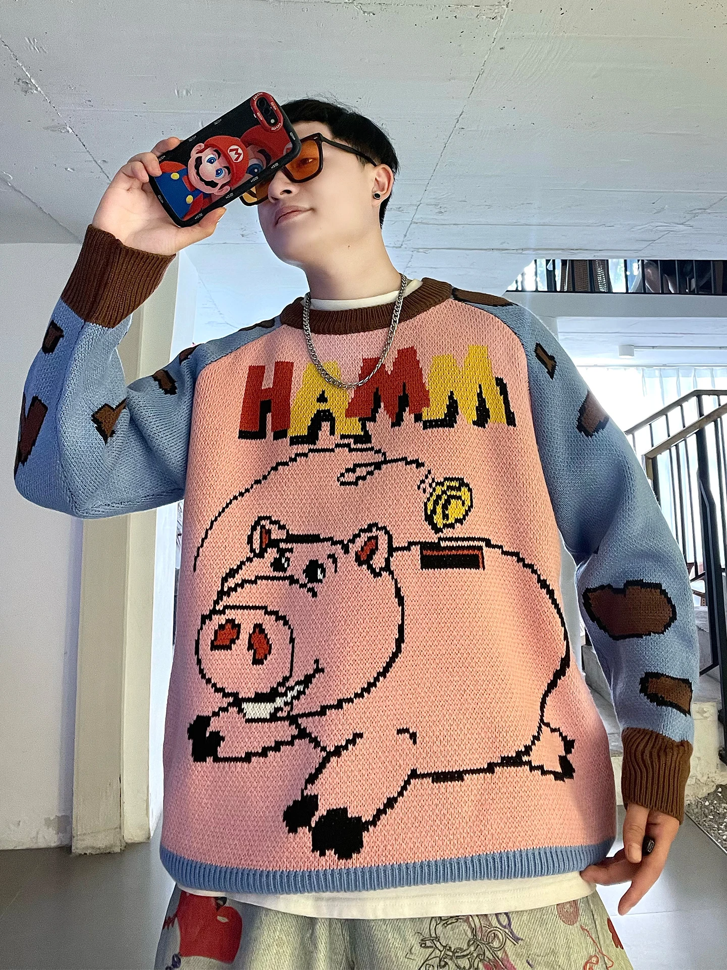 

Cartoon Pig Pattern Thiened Knitted Sweater ex Loose Fit Casual Sle Contrast Color Men's Women's Autumn Winter Sweater