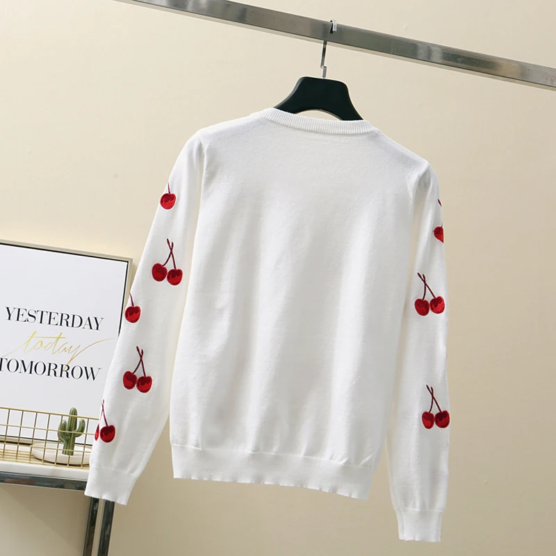 Korean Fashion Knitted Sweater Cardigan Feminino Sweet Cherry Embroidery Cardigans Tops Short Casaco Feminino Long Sleeve Jacket