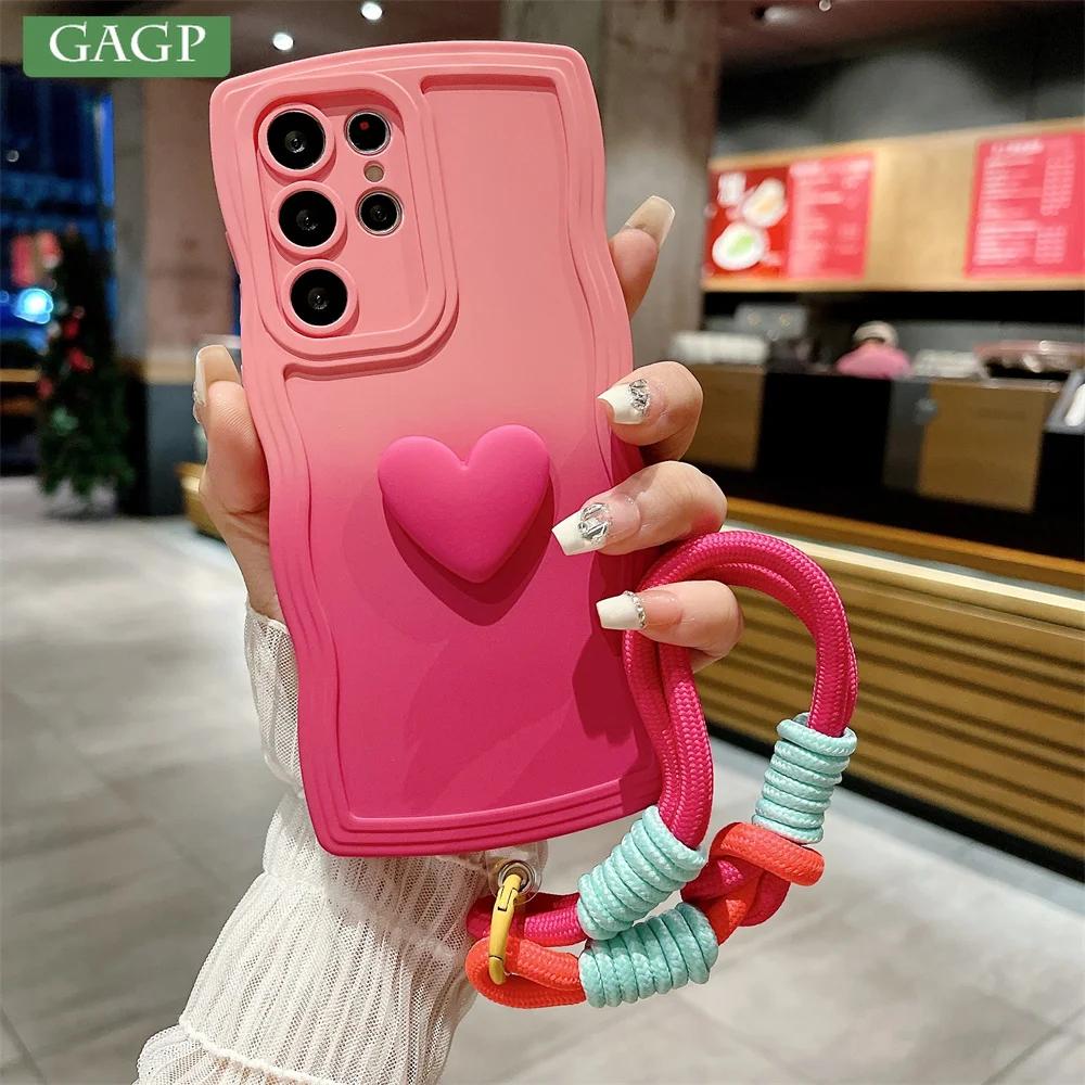 Gradient Love Wave Border Phone Case for Samsung Galaxy S23 Ultra S22 Plus S21 FE A52 50 A23 A25 A73 S24 Ultra Wrist Strap Cover