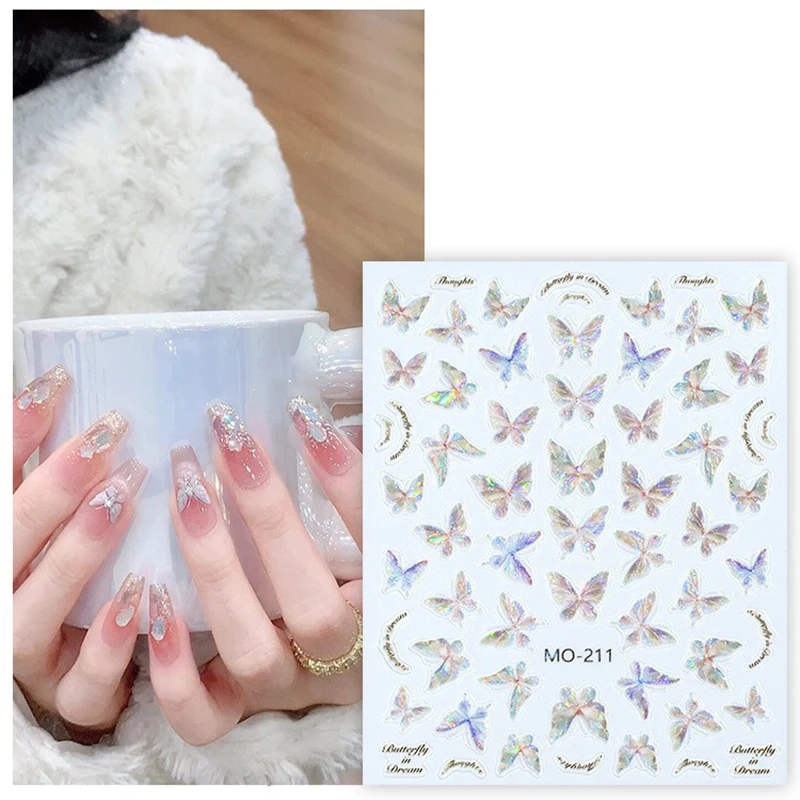 1Pc-Aurora Shell Butterfly Nail Stickers Pink Purple Shiny Laser 3D Butterflies Decals Adhesive Butterfly Slider Nail Decoration