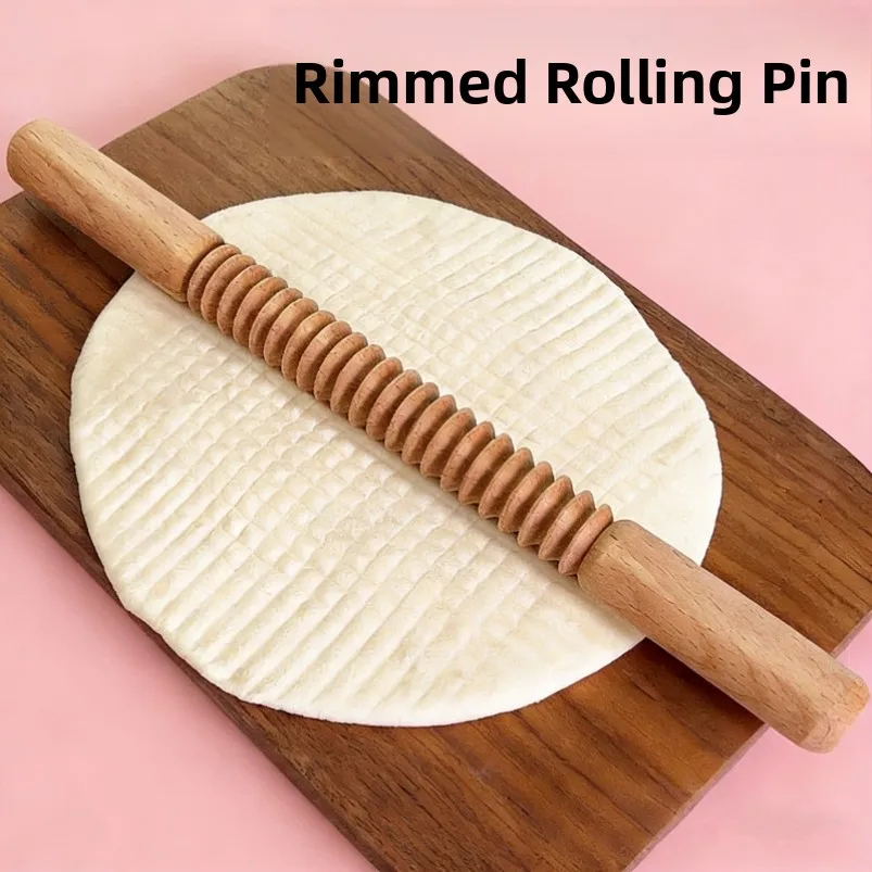 

Home Use Food Grade Wood Threaded Rolling Pin Baking Pastry Flower Press Non-Stick Surface Kitchen Tool