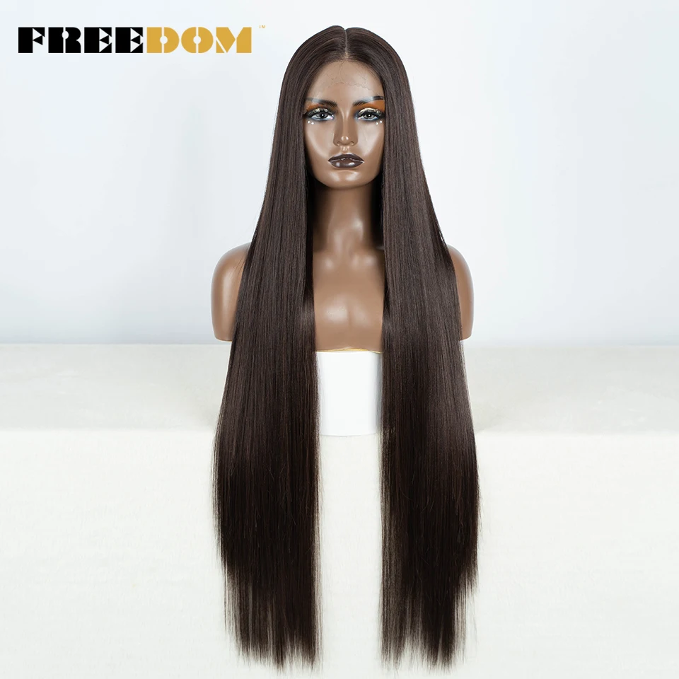 FREEDOM Gerade Synthetische Lace-Front-Perücke für Frauen 38 Zoll Lang Ombre Braun Rot Blond Highlight Lace-Frontal-Perücken Cosplay-Perücke – Detail 2
