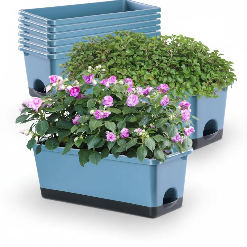 

8 Pcs Self Watering Window Box Planters with Drainage Holes, 17 Inch Rectangle Flower Pots for Indoor Outdoor Garden