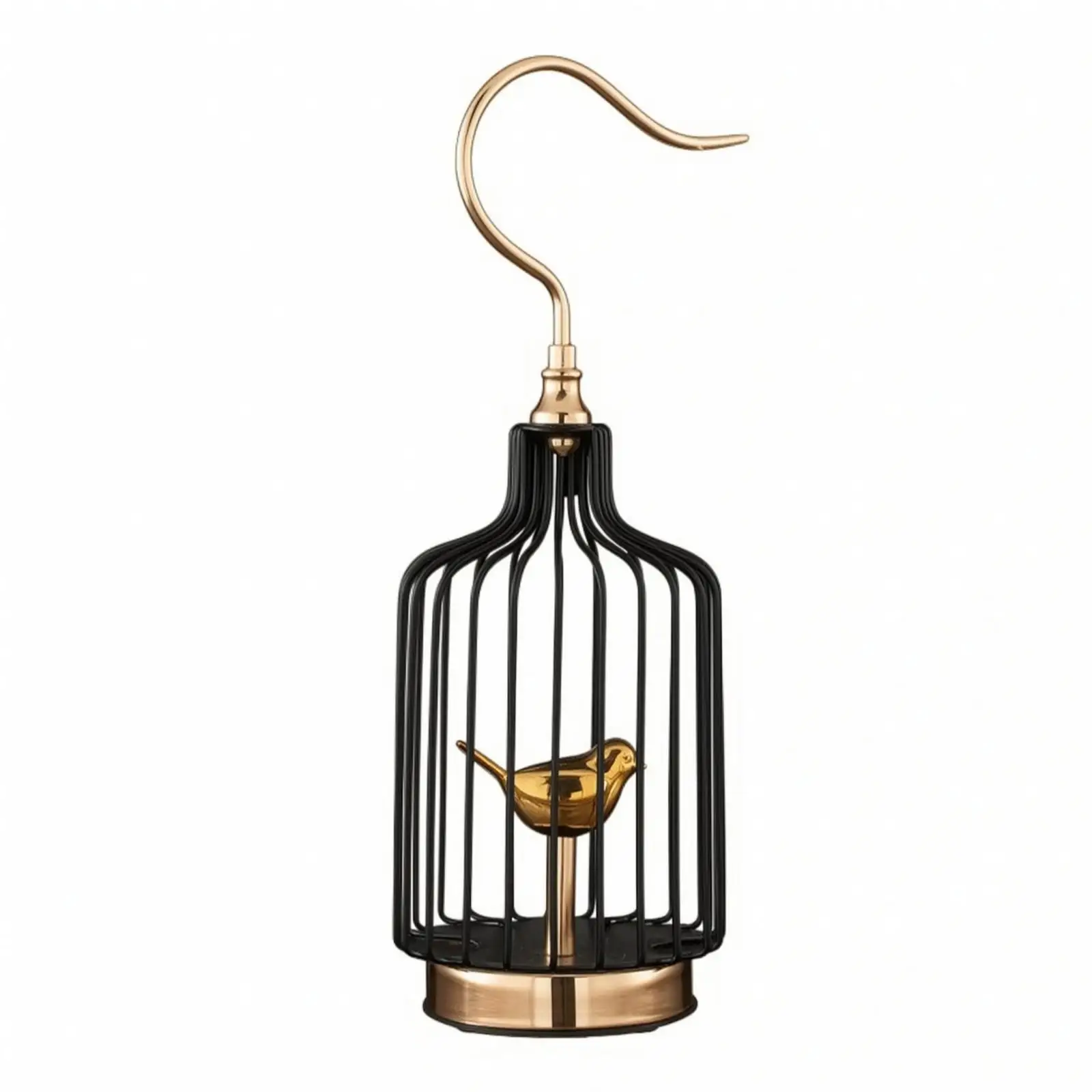 Minimalist Black Wire Birdcage Sculpture with Gold Base Hanging Hook for Cabinet Display Art