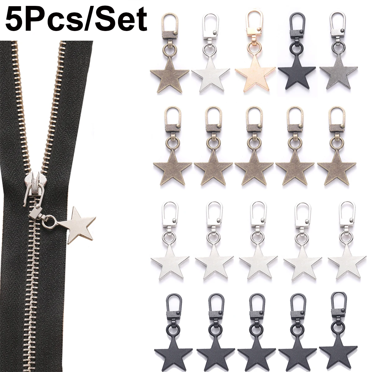 5PCS Sewing Zippers Puller Head Star Shape Detachable Metal Zipper Slider Repair Kits for Bags Backpack Coat Zipper Pull Tab