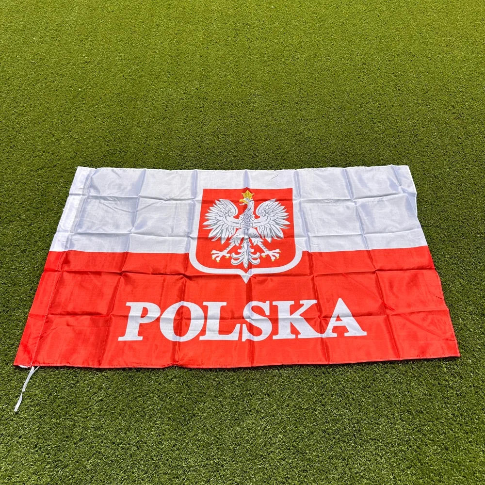 FlagGo Poland Flag 150x90cm 3x5 FT White Red Stripes Eagle Crown Shield POLSKA Polyester Double Stitched Outdoor Indoor Deco