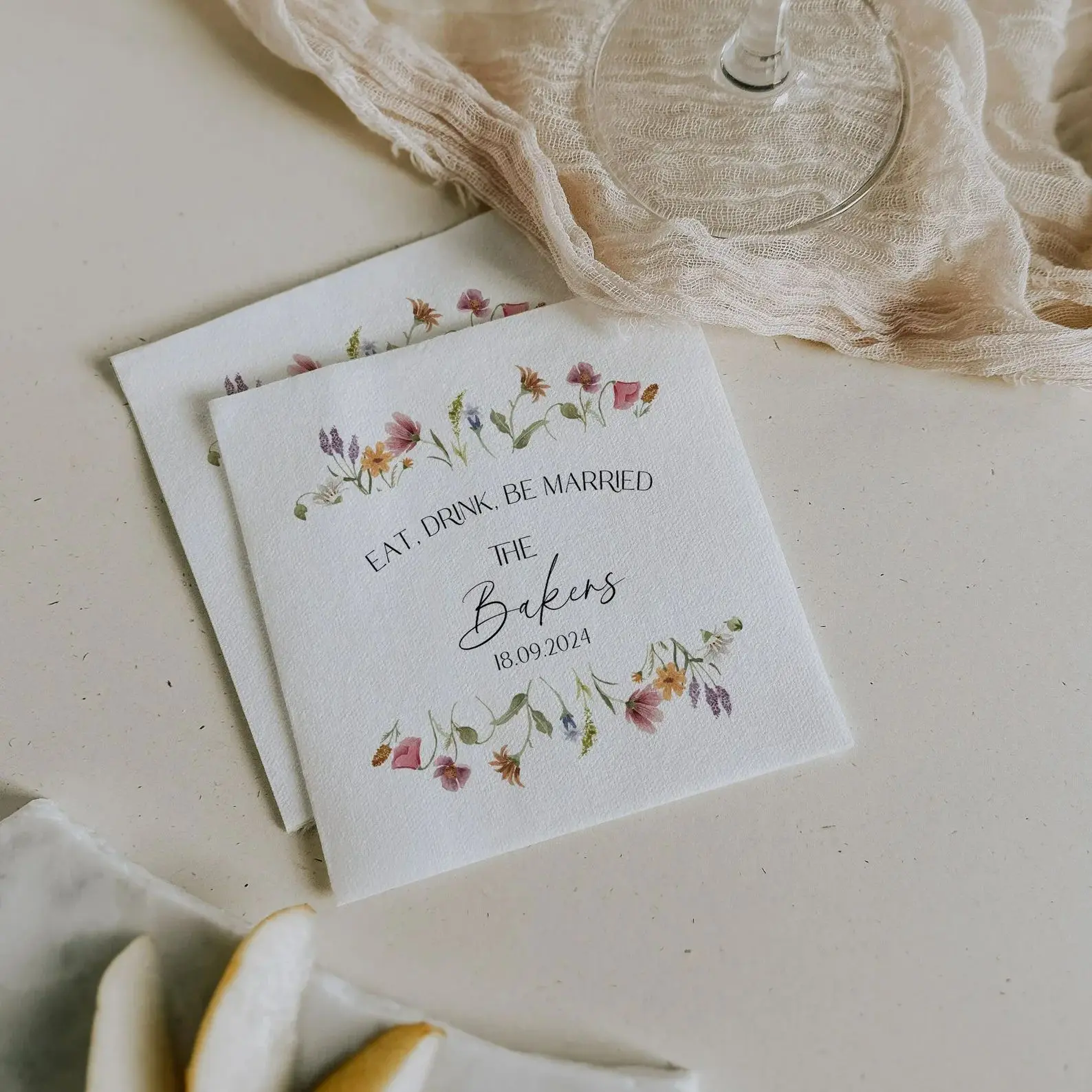 

50pcs Personalized Last Name Wildflower Wedding Reception Napkins, Eat Drink Be Married | Custom Printed Napkins for Wedding | B