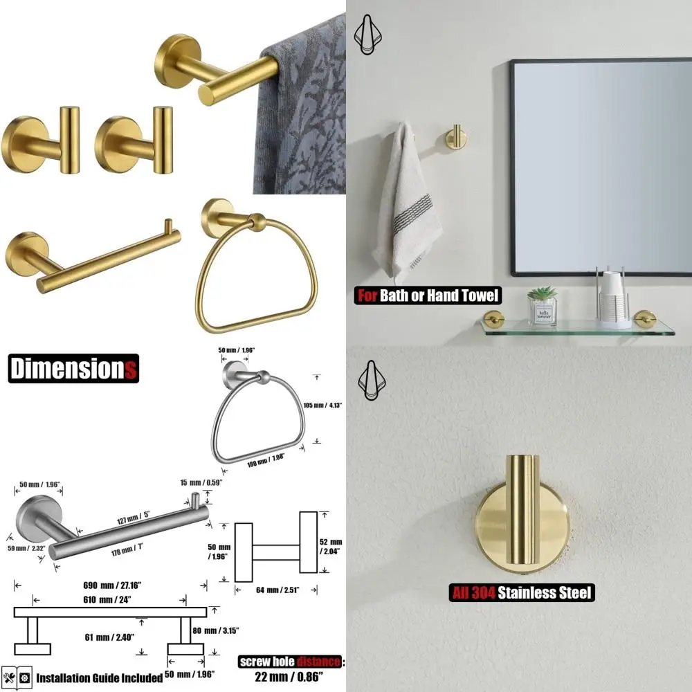

5-Piece Brushed Gold Bathroom Hardware Set with Wall Mount Accessories: Towel Bar, Ring, and More