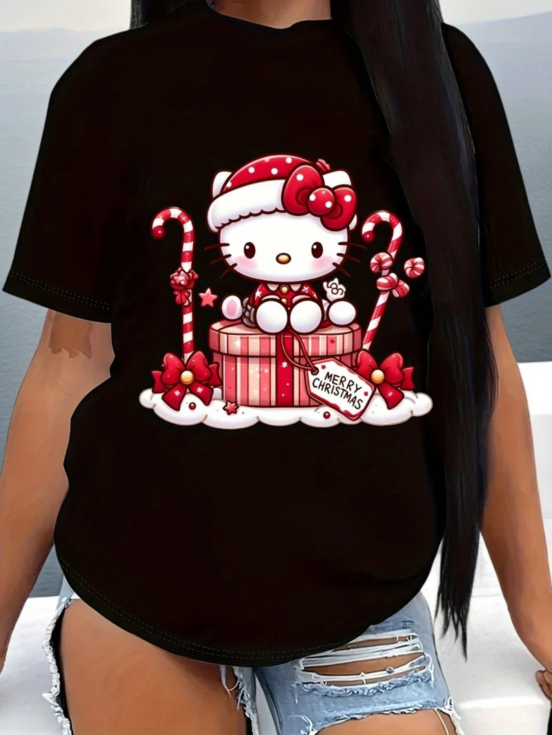 

Sanrio Hello Kitty T-shirt Round Neck Short Sleeved T-shirt Cartoon Casual Top Comfortable Spring and Summer Clothing for Adults