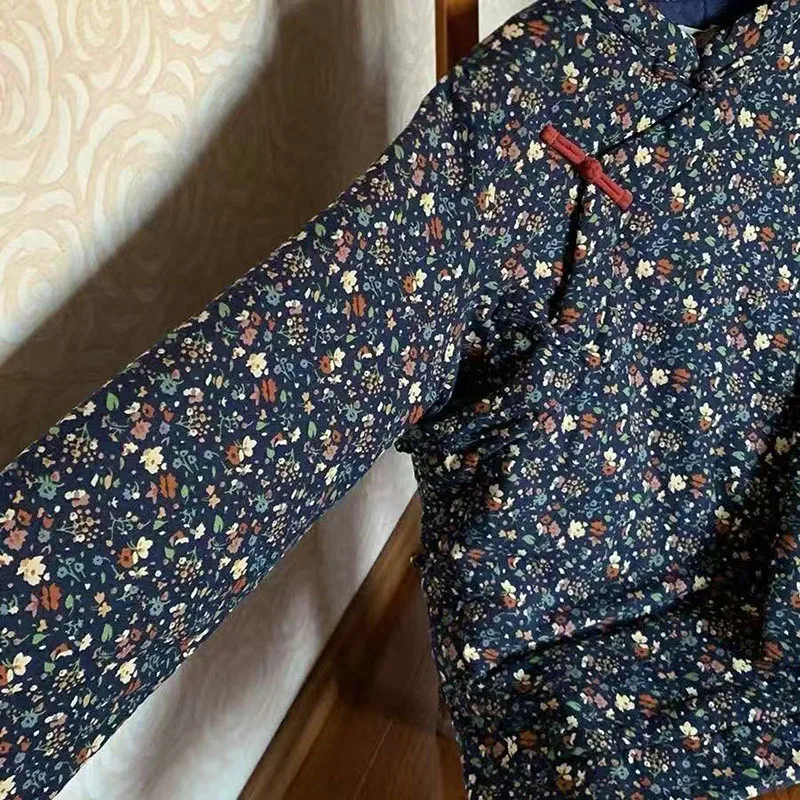 المرأة الخريف الشتاء الأزهار طباعة خط سترة الضفدع زر الوقوف كولور القطن رشاقته سترة الصينية معطف فضفاض #4