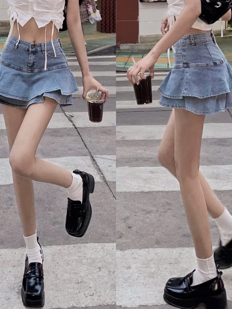 

High Waist Denim Skirt Women's Skirt Super ort Pleated Girl's Skirt Lace Trim Fi Tail ort Skirt Winter a Line Skirt