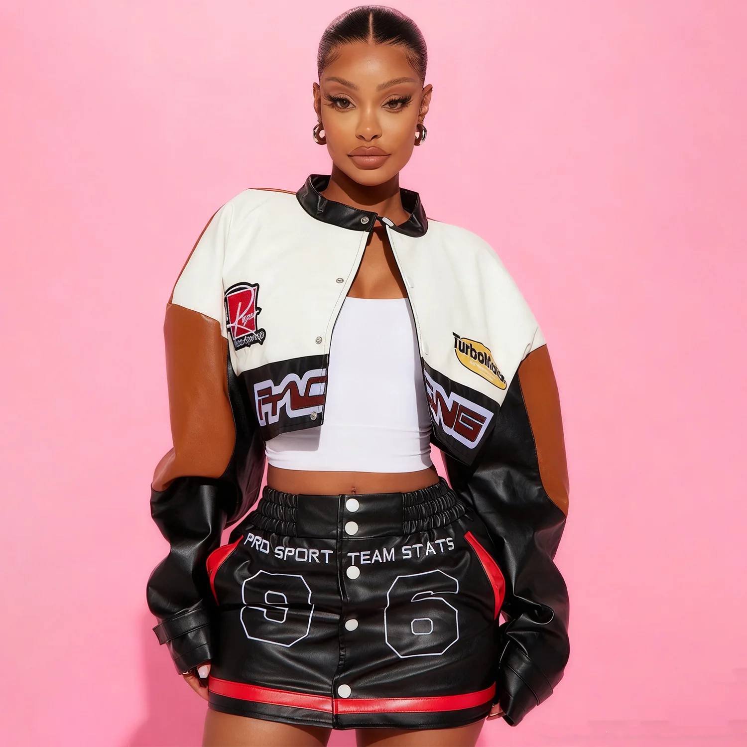 

Женский комплект из 2 предметов из искусственной кожи, гоночная куртка-бомбер на пуговицах, мини-юбки, одинаковый комплект, 2026, весенняя мотоциклетная одежда, спортивные костюмы