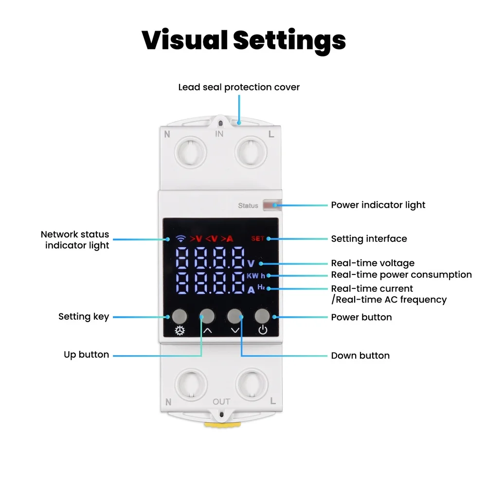 For Tuya WiFi Smart Circuit Breaker 1P 63A Timer Power Energy KWh Voltage Current Meter Protector Remote Control 20V 230V