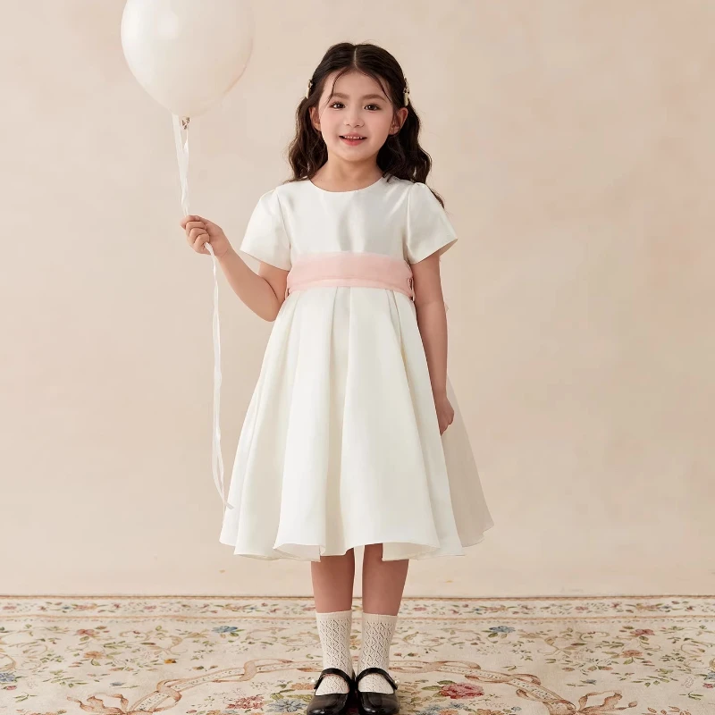 Ins Handmade Girls White Satin Dress Short Sleeve Boutique Princess Style Bow Premium Birthday Dress Kids Sweet Loita Dress