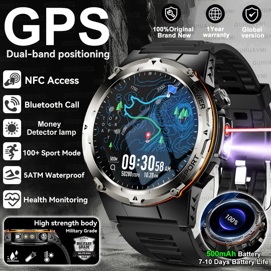 

2025 New Outdoor Military Infrared Light SmartWatch Men GPS trackr 5ATM NFC Bluetooth Call Health monitor Swim Sports Smartwatch