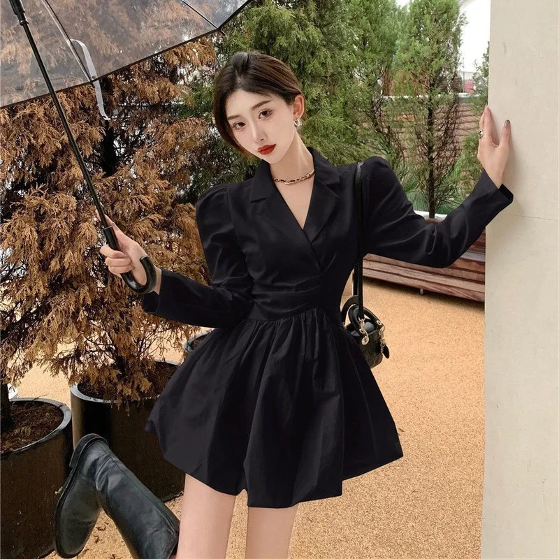 Puff Sleeve Kleid Frauen Kerb Mode-Design Solide Koreanische Stil Büro Dame Casual Elegante Tunika Alle-spiel Gemütliche Mini vestido