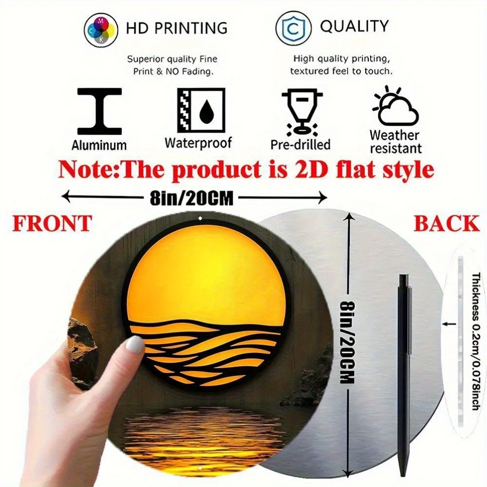 1pc Circular -Inspired Minimalist Aluminum Wall Art Plaque - Abstract Yellow Sunset & Wave Ocean Panel, Frameless 2D Hanging Dec
