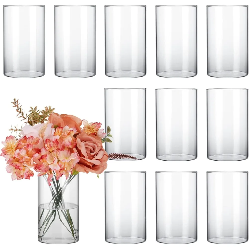 12 Pieces Glass Cylindrical Vase for Centerpiece,Vase Wedding Decoration, 6 Inch High Glass Hurricane Candelabra for Table Stand