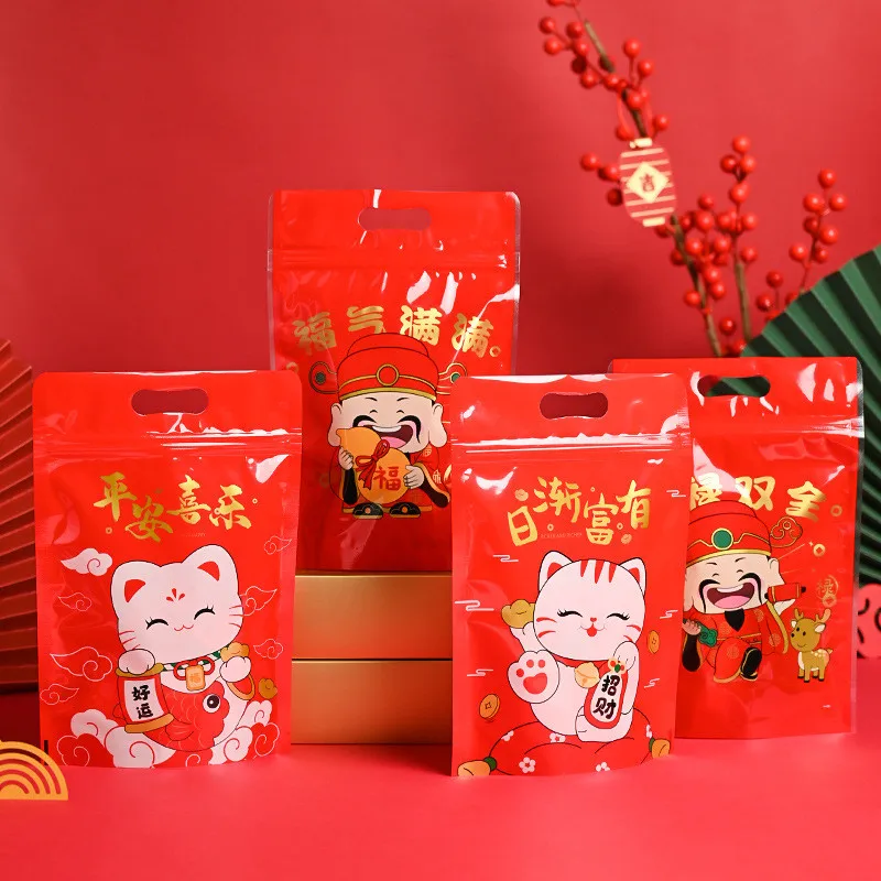 50Pcs Chinese New Year Snowflake Crispy Nugat Candy Cookie Self Standing Zipper Plastic Bags Gift Packaging