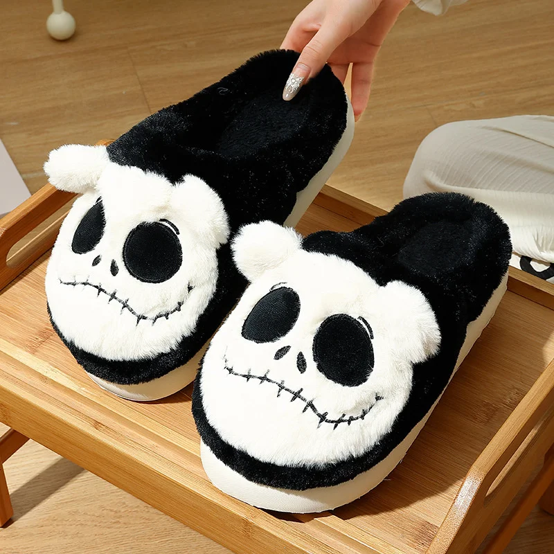 Gothic Skeleton Cotton Slippers For Women Winter Indoor Couple Punk Household Warmth Anti Slip Plush Cotton Slippers For Men