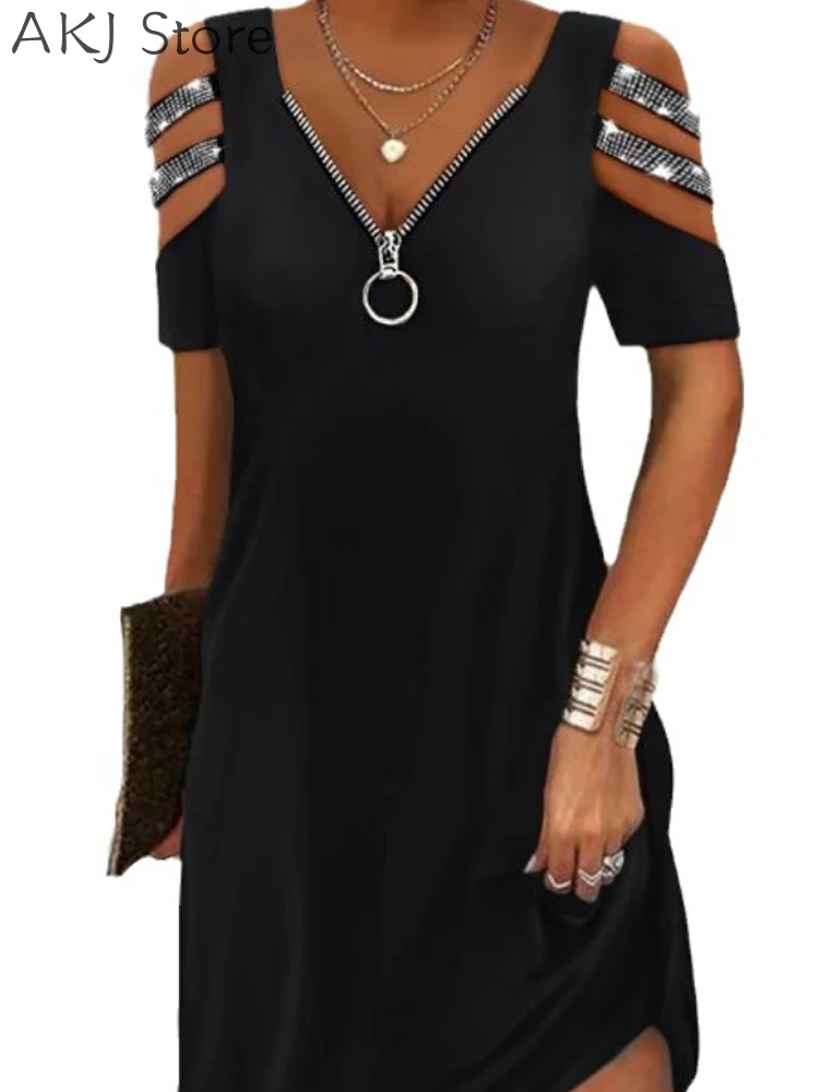 Women Sexy Rhinetone Cutout Cold Shoulder Casual Dress