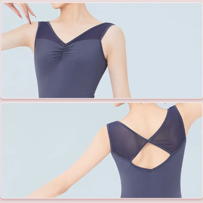 Ballet Leotards Woman Dance Leotard V Collar Splice Sleeveless Gymnastics Vest Leotard Nylon Dancing Bodysuit Swimsuit Adults