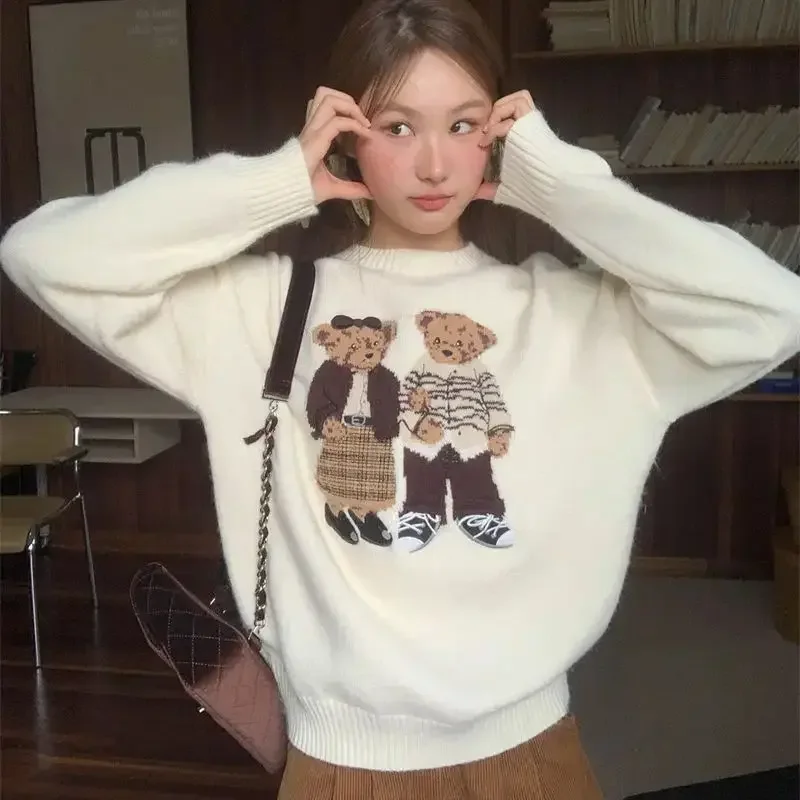 

New Casual Cartoon Jacquard Autumn Sweater Women Fashion O-Neck Long Sleeve Knit Pullover Top Preppy Cashmere Knitwear