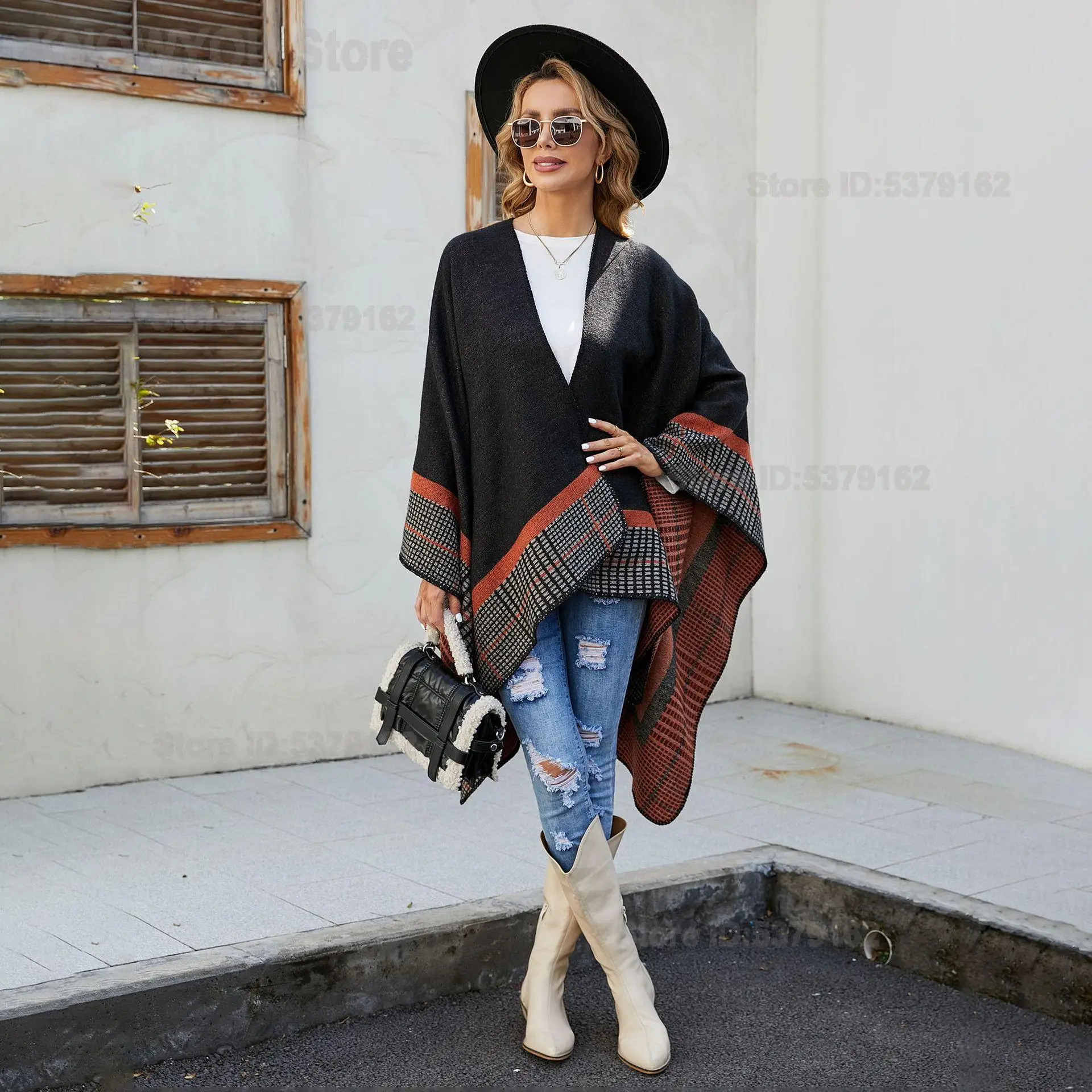 Fau- Cashmere Acrylic Striped Square Shawl Women Sun Protection Travel Air Condition Poncho Cape Wrap 2026 Autumn Winter
