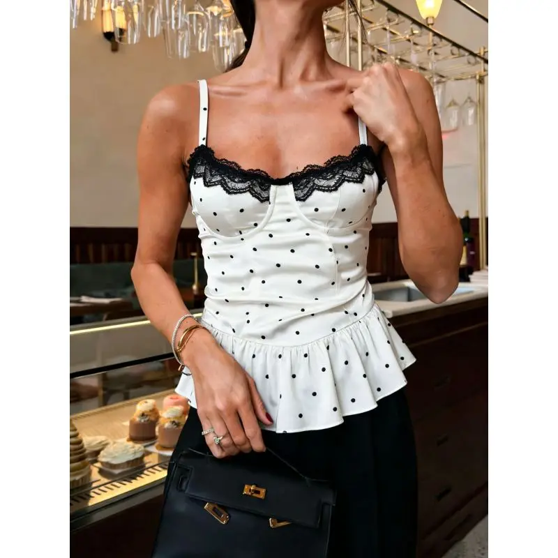 Ins Pure Desire Tank Vest Women French Vintage Polka Dot Lace Trim Cami European American Slim Ruffle Hem Sleeveless Top