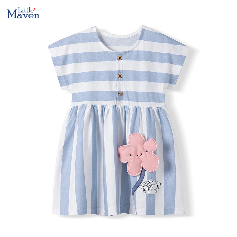 Little maven Kids Clothes 2025 Summer Baby Girls Children's Clothing Cotton Embroidered Striped Cartoon Flowers Dresses Gifts